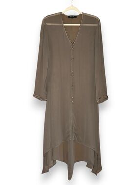 Nitya Beige Button Front Sheer Long Sleeve Dress Silk Trim Size 38 Lagenlook